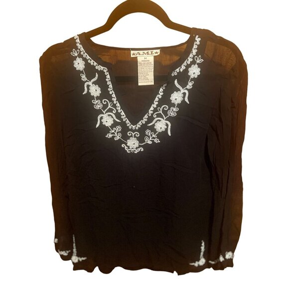 A.M.I. Tops - Vintage A.M.I. Black Embroidered Floral ‎ Women's Blouse M